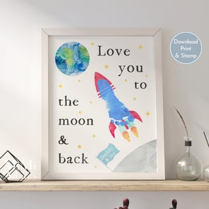 Te amo hasta la luna y de regreso / Huella de cohete / Manualidad con huella de papá / Imprimible para el Día del Padre / Tarjeta de recuerdo para niños y bebés hecha a mano