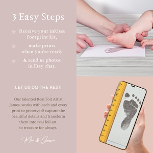 May include: A pink and white graphic with instructions on how to use an inkless footprint kit. The graphic includes a photo of a baby's footprint and a photo of a phone with a ruler and a baby's footprint.
