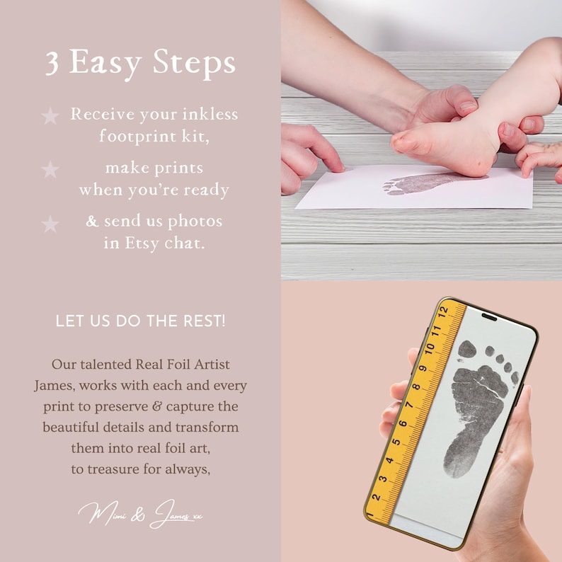 May include: A pink and white graphic with instructions on how to use an inkless footprint kit. The graphic includes a photo of a baby's footprint and a photo of a phone with a ruler and a baby's footprint.