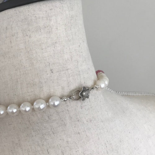18” freshwater pearl necklace with hot pink quartz druzy pendant encased shops in Precious Metal Clay (99.9% silver)