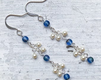 Blue glass bead earrings pearl earrings. Aesthetic silver earrings. Drop dangle cluster earrings. Unique aesthetic jewelry.