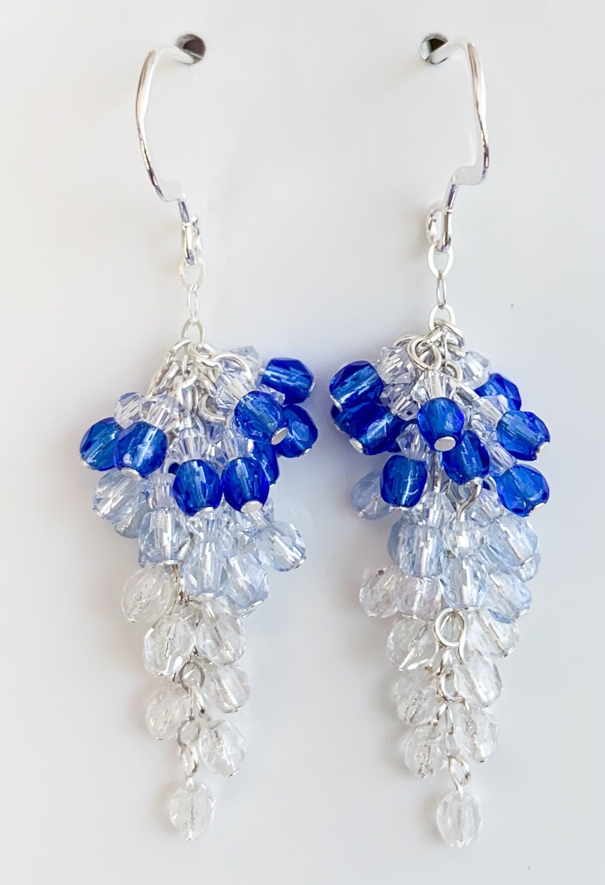 Blue and white glass bead earrings. Statement silver earrings. Etsy