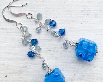 Blue cube lamp work glass bead earrings. Statement silver earrings. Dangle, drop, cluster earrings. Unique aesthetic jewelry.