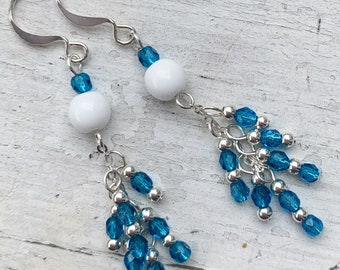 Blue and white glass bead earrings. Statement silver earrings. Dangle drop lightweight earrings. Unique modern aesthetic jewelry.
