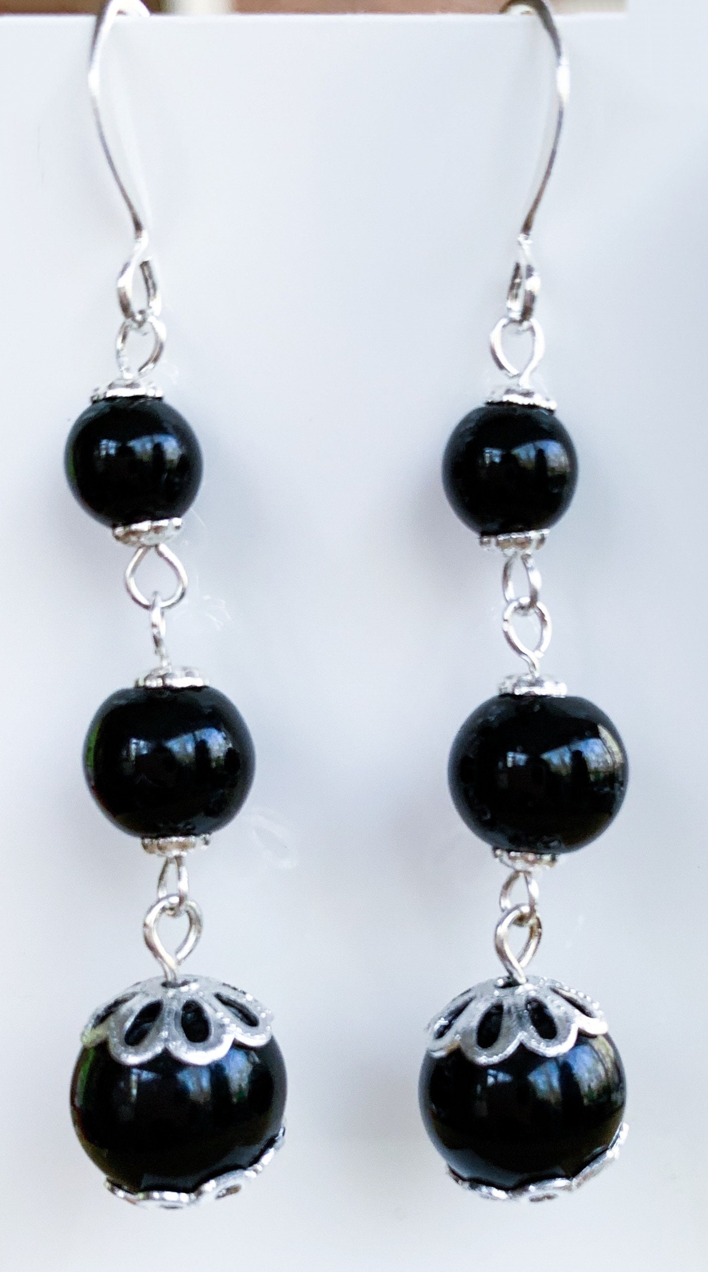 Black Jasper Gemstone Bead Earrings. Statement Silver - Etsy