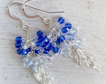 Blue and white glass bead earrings. Statement silver earrings. Dangle drop lightweight cluster earrings. Unique aesthetic jewelry.