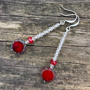 Ruby Red Picasso Czech Glass Coin Bead   with Clear Faceted Beads,  Dangle Earrings, Long Boho Handmade Unique Earrings