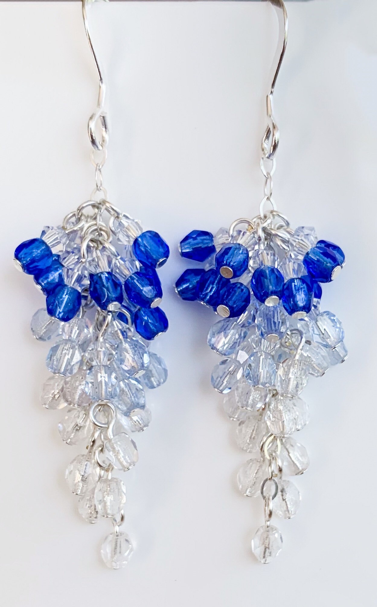 Blue and white glass bead earrings. Statement silver earrings. Etsy