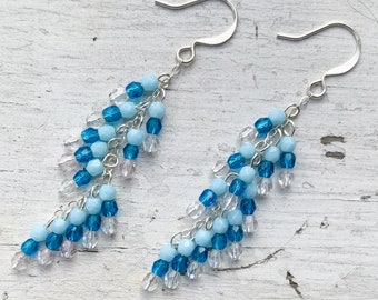 Blue glass bead earrings. Statement silver earrings. Dangle drop lightweight cluster earrings. Unique aesthetic jewelry.