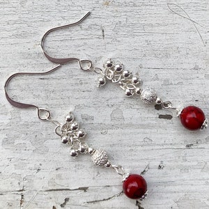 Red gemstone bead earrings. Statement silver earrings. Dangle drop cluster lightweight earrings. Unique  aesthetic jewelry.