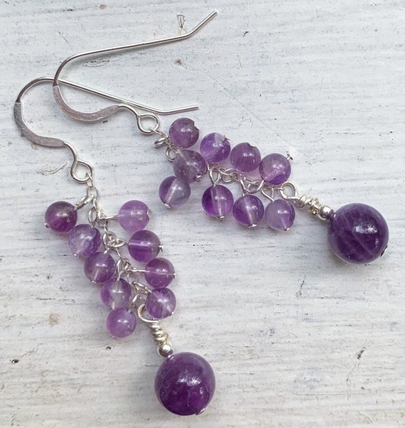 Amethyst gemstone bead earrings. Statement silver earrings. Dangle drop lightweight earrings. Unique aesthetic jewelry.