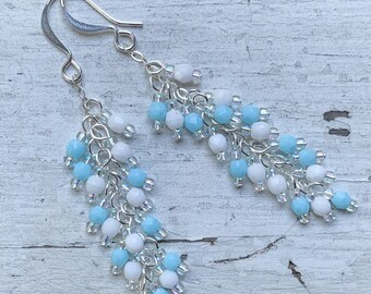 Blue and white glass bead earrings. Statement silver earrings. Dangle drop lightweight cluster earrings. Unique aesthetic jewelry.