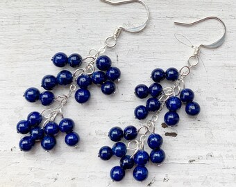 Blue gemstone bead earrings. Statement silver earrings. Dangle drop lightweight earrings. Unique modern boho aesthetic earrings.