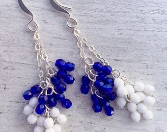 Blue and white glass bead earrings. Statement silver earrings. Dangle drop cluster earrings. Unique aesthetic jewelry.