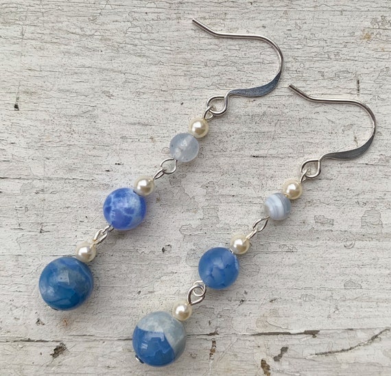Blue agate gemstone bead earrings. Statement silver earrings. | Etsy