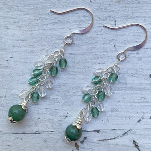 Green turquoise gemstone bead earrings. Statement silver earrings. Dangle drop earrings. Unique aesthetic jewelry.