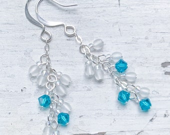 Aqua and white glass bead earrings. Statement silver earrings. Dangle drop lightweight cluster earrings. Unique aesthetic jewelry.