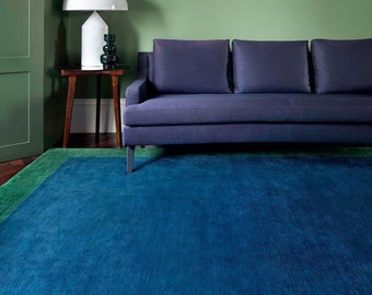 Blue and Green Handmade Wool & Viscose Rug,  Luxury Rug, Area Rug,  Living Room Rug, Rug 3x5, rug 4x6, Premium Viscose Carpet, Modern Rug