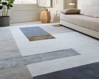 Blue Grey White Handmade Wool Rug,  Luxury Rug, Area Rug,  Living Room Rug, Rug 3x5, rug 4x6, Premium Wool Carpet, Modern Designer Rug