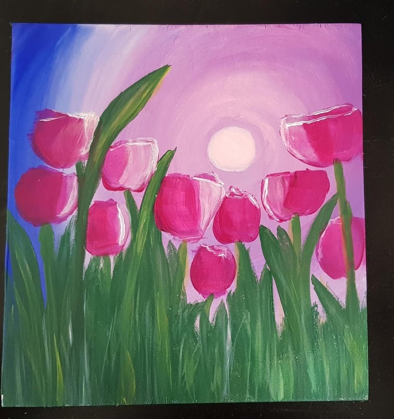 Original Painting Pink Tulips in Field on recycled wood 20 x 20cm