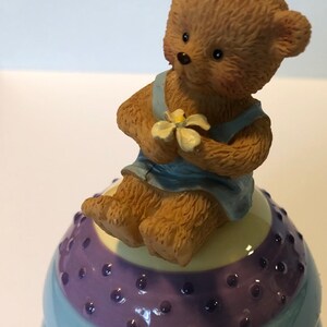 Vintage Hinged Easter Egg Box with Little Bear Holding a Spring Flower. Colorful Decorated Egg, box trimmed in gold. Excellent Condition.