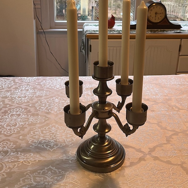 Vintage Pewter 5 Light Candelabra Stand with ornate details 7.25" wide x 10.25" tall Candles not Included.