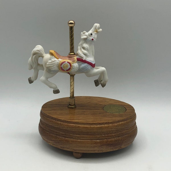 Willitts Design Group II Musical Carousel Horse. Footed Wooden Pedestal, Brass Post, Brass Seal. Melody "East Side, West Side"