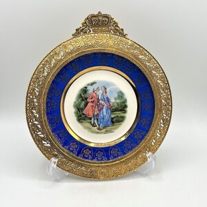 Antique Collectible Plate in Ornate Brass Frame Romancing Couple Cobalt Blue Border with Gold Details 8&quot;