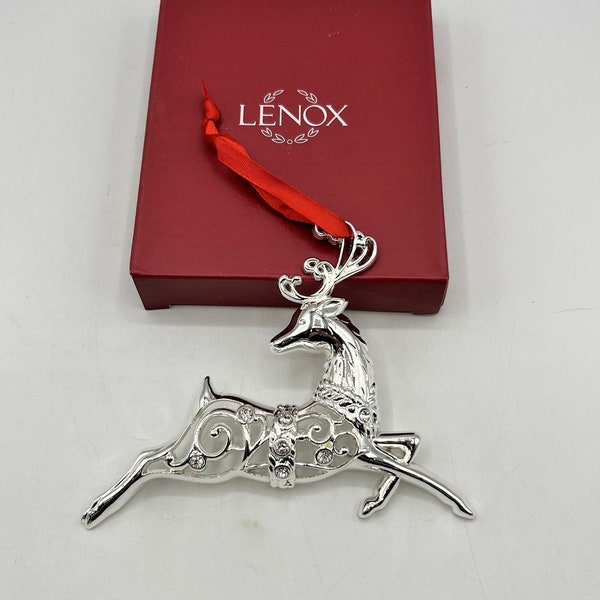 Lenox Silver Tone Sparkle and Scroll Reindeer Ornament with Clear Rhinestone Gems. 3.9" x 4.5" tall