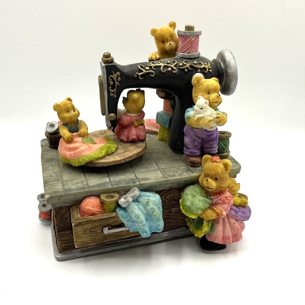 Musical Animated Teddy Bears with Sewing Machine Figurine. Plays You Are My Sunshine Highly Detailed 5" x 5" x5.5" tall