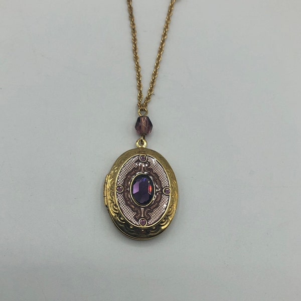 Avon Golden Locket Necklace with Amethyst Color Oval Stone. Limited Honor Society Award.  18" Chain with Lobster Clasp, Locket: 1" x 1.25"