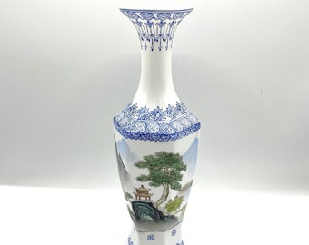 Vintage Oriental Vase Blue and White Intricate Hand Painted Design Delicate Bone China Porcelain in Original Box. 10.25" tall