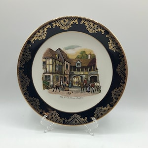 Vintage Royal Falcon Ware Plate by Weatherby of Hanley, England. Features the Old Coach House - Stratford, Black Border with Gold Detail.