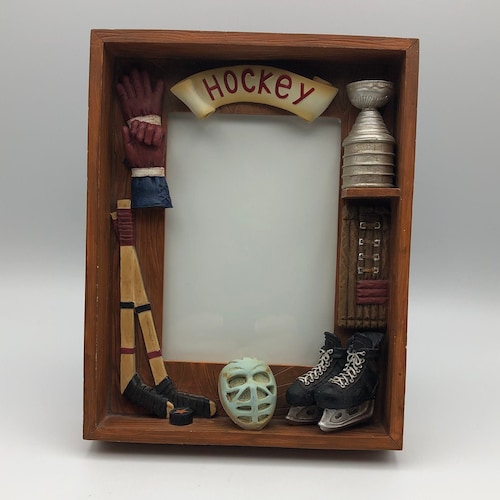 6.5 x 8.5 x 1.5 Dimensional Hockey Display Frame with Hockey Sticks Pads and Trophy Puck Ice Skates Gloves Helmet with Faceshield