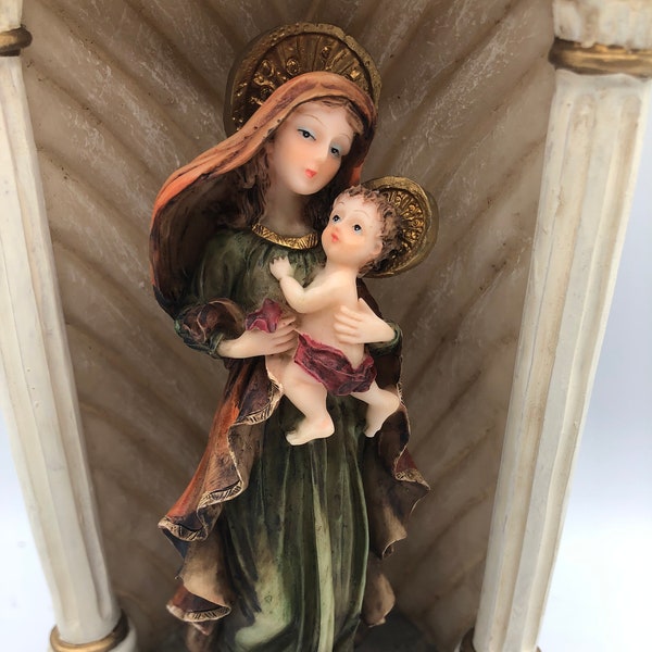 Mary Statue Holding Baby Jesus in Arched Grotto Shrine. Greatly detailed figures in a beautiful setting. 3.75" x 5.5" x 10" high