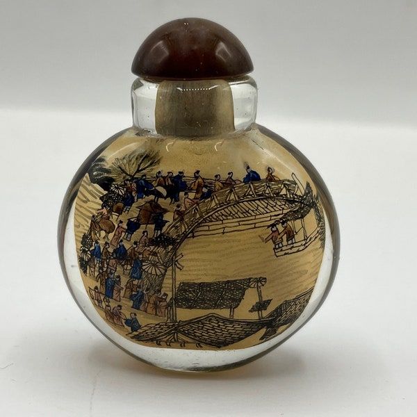 Vintage Miniature Chinese Reverse Painted Glass Snuff Bottle with Stopper Lid.