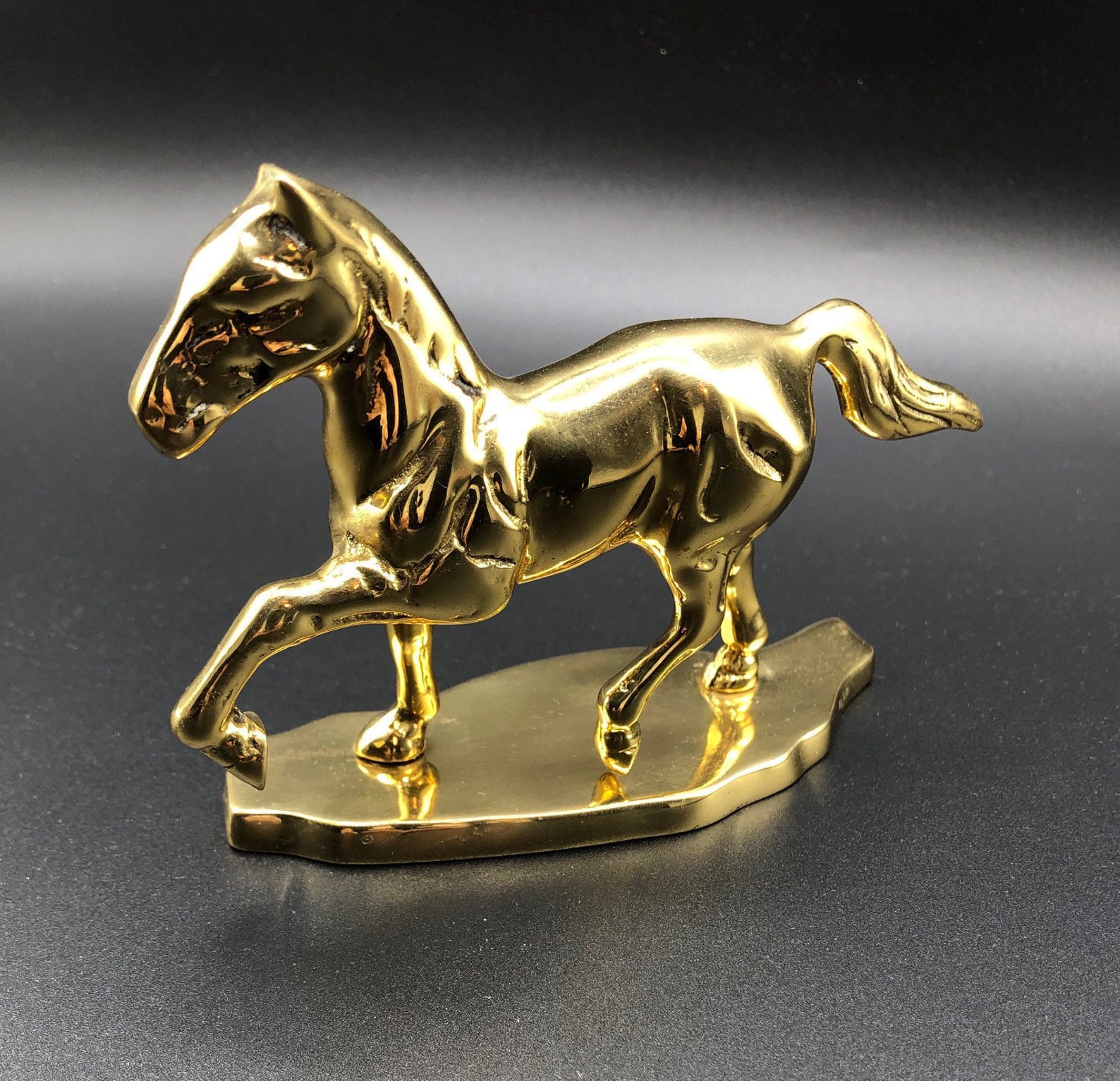 Vintage Solid Brass Horse Sculpture on Brass Platform. A Truly Etsy
