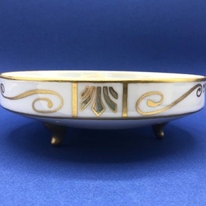 Antique Footed 6.5&quot; Lusterware Hand Painted Bowl made in Japan, circa 1923. Brilliant Gold and Details in Light Green. A stunning piece!