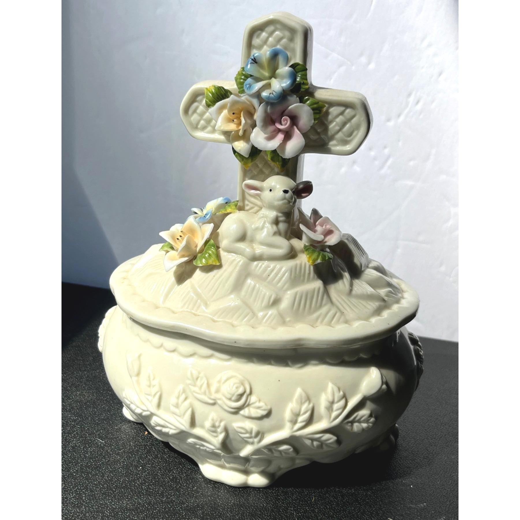 Vintage Porcelain Music Box With Floral Cross & Lamb Design 8.5