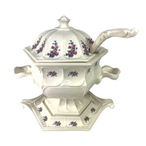 Vintage Ceramic Hexagonal Soup Tureen Set With Tray, Ladle & Lid White with Floral Design