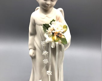 Vintage Lighted Porcelain Bisque Angel Figurine with Pearl Accents and Bouquet.  Beautiful with lights on or off.  3.5&quot; wide x 10&quot; tall.