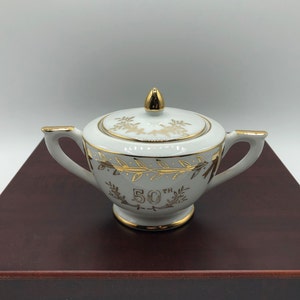Vintage Lefton China 50th Anniversary Sugar Bowl 274N with Gold Letters, Details and Gilding.  6&quot; wide including handles and 3.75&quot; with lid.