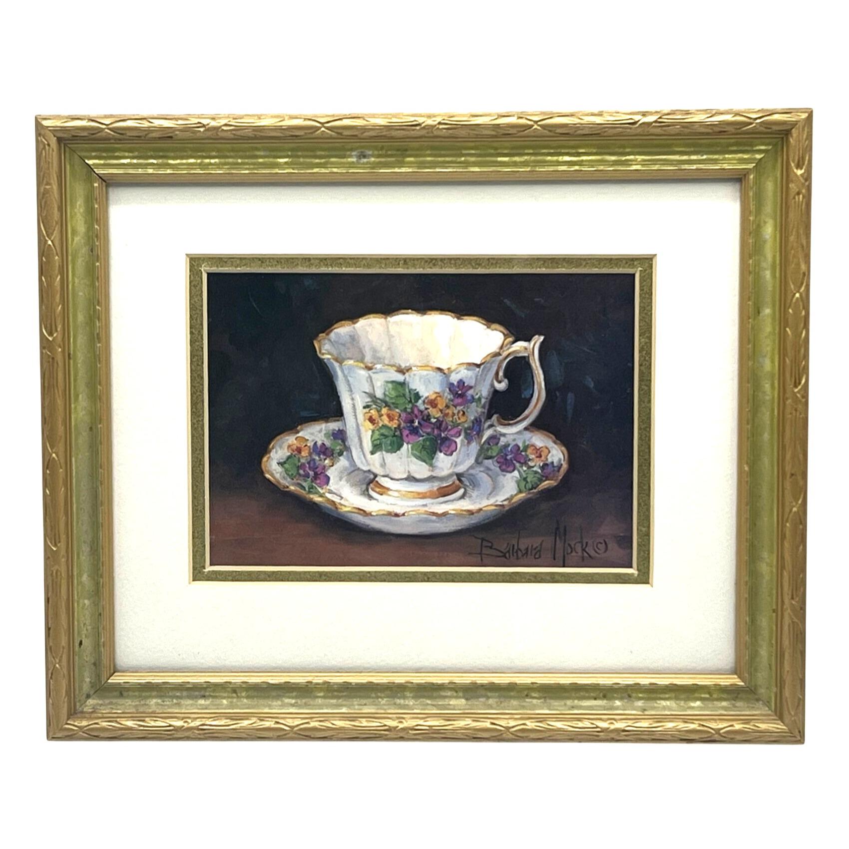 【希少/2001年物】Nancy Pen バティック アートフレーム額装品ポピー Barbara Mock Signed Framed Viola Pansies Floral Teacup Print Gold