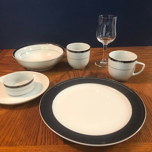 Vintage Delta Air Lines First Class China Service by AMKO, Place Set of 6 pieces and wine glass.  Circa 1970-1980. Excellent Condition.