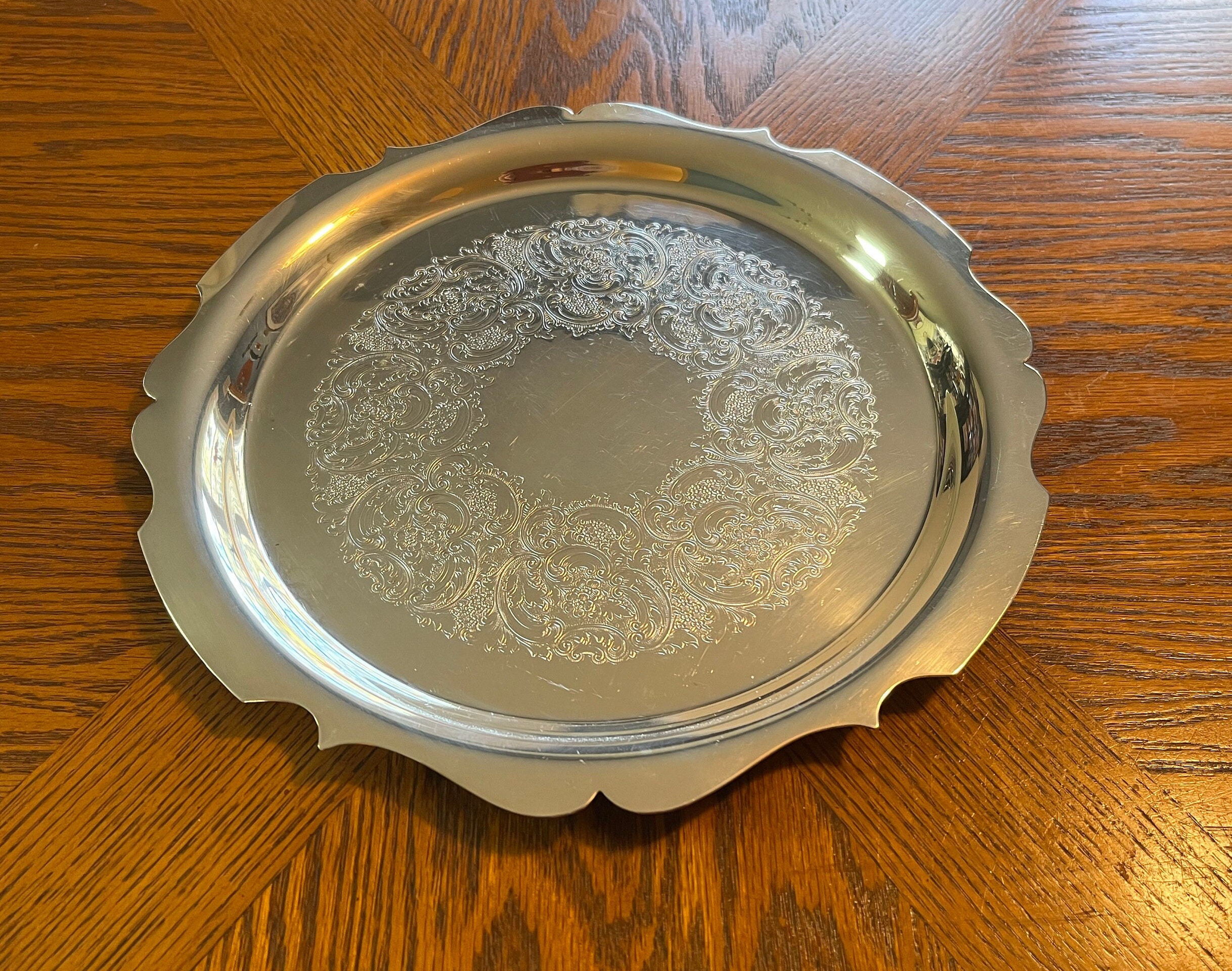 Vintage Newport Silver Plate Tray With Etched Design and Unique
