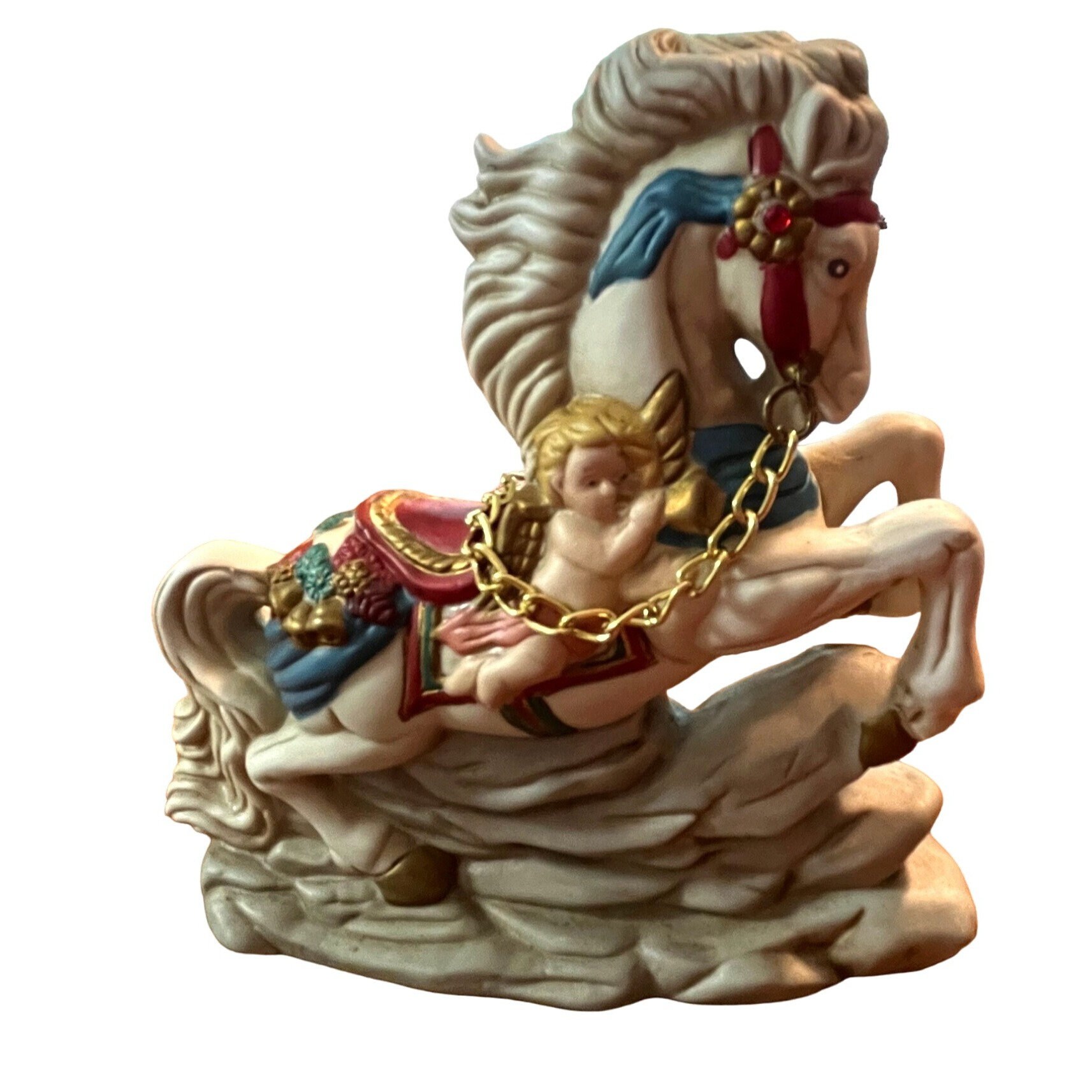 Golden Supex Collectible Porcelain Horse Figurine With Cherub