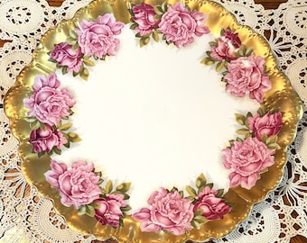 ドイツ製　Reichenbach金彩　薔薇紋プレート　廃盤品　送料込み0121 Antique Crown RC Malmaison Bavaria Pink Roses and Gold Gilt China