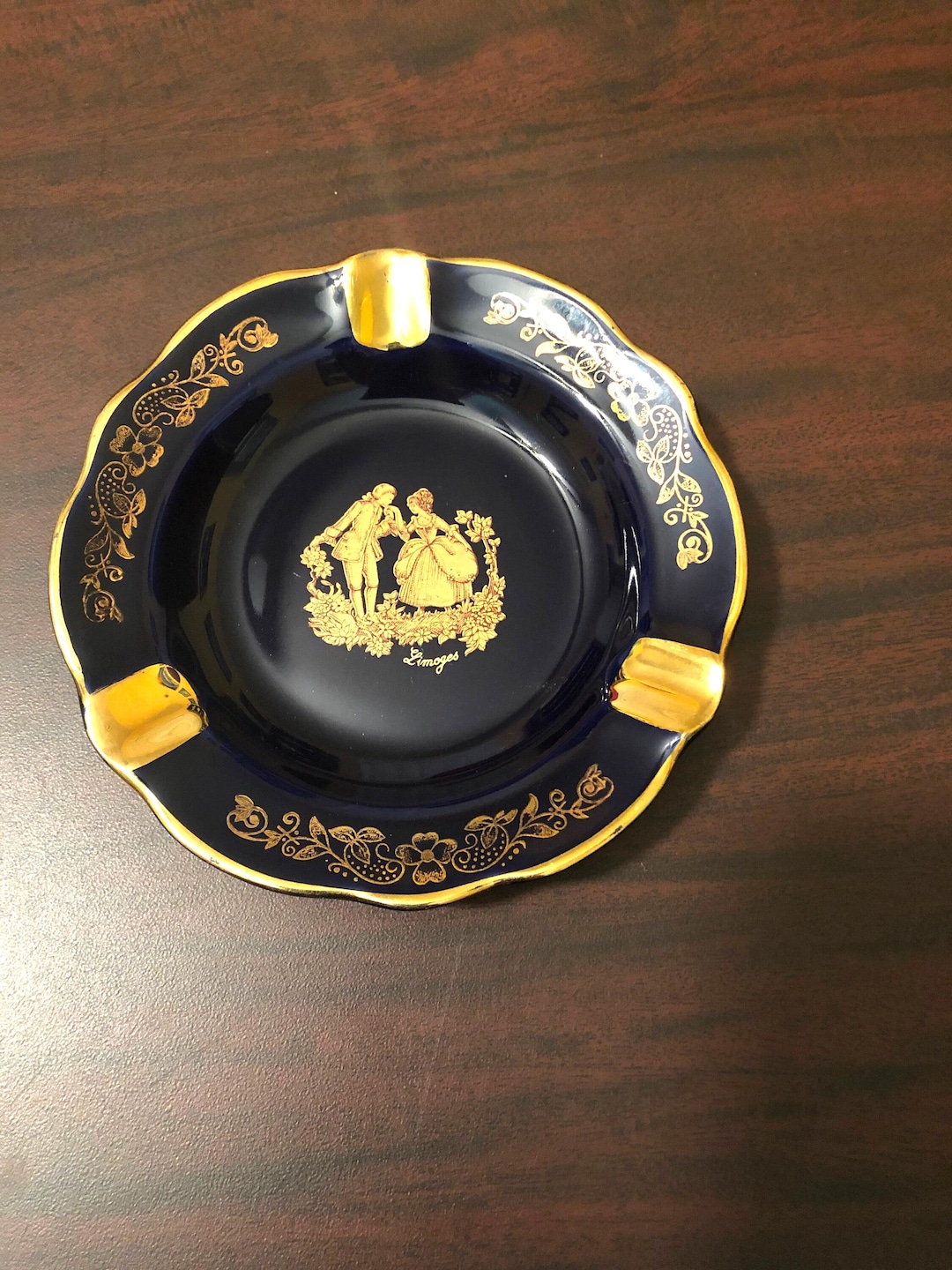 Limoges France 金彩 人物画 灰皿 コバルトブルー Limoges France Cobalt Blue Porcelain Ash Tray With 22K Gold