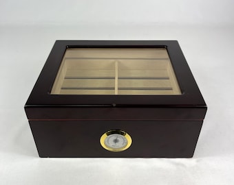 Humidor de puros de lujo con tapa de cristal de palisandro con bandeja de cedro, hidrómetro redondo, bisagras de latón y fondo de fieltro, 10,25 x 8,5 x 4,5 pulgadas