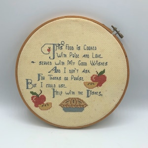Hand Crafted Cross Stitch and Embroidered Sampler. Kitchen or dining room decor. Apples and apple pie.  8.5&quot;